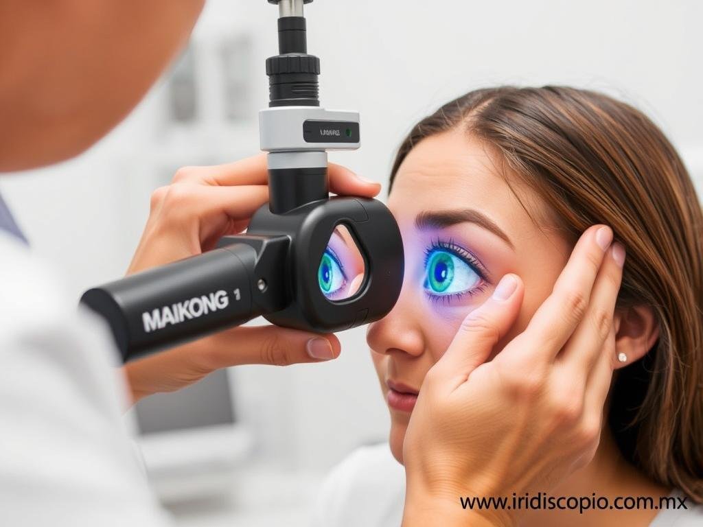 Lupa de Iridología MAIKONG siendo utilizada para examinar el iris de una paciente embarazada Lupa de Iridología MAIKONG siendo utilizada para examinar el iris de una paciente embarazada