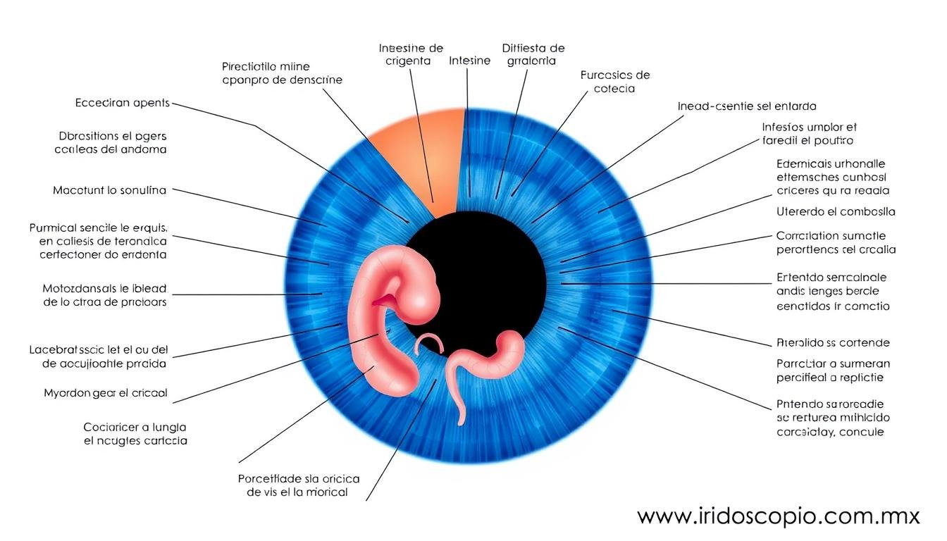 Mapa de iridología mostrando las diferentes zonas del iris relacionadas con órganos del cuerpo