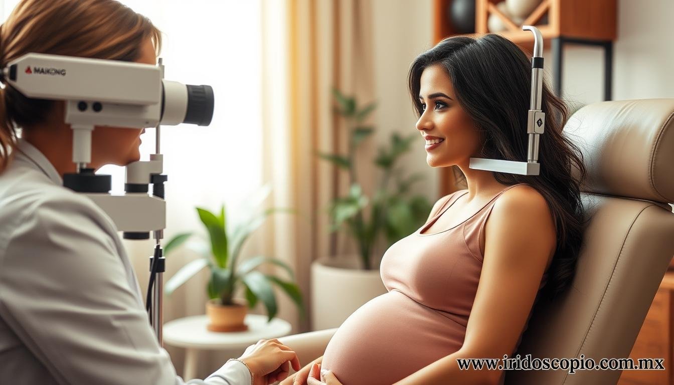 Mujer embarazada en consulta de iridología con equipos MAIKONG, mostrando un enfoque integral de salud Mujer embarazada en consulta de iridología con equipos MAIKONG, mostrando un enfoque integral de salud