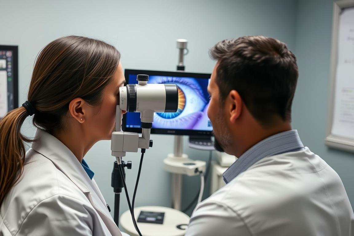 Profesional de iridología certificado examinando el iris de un paciente