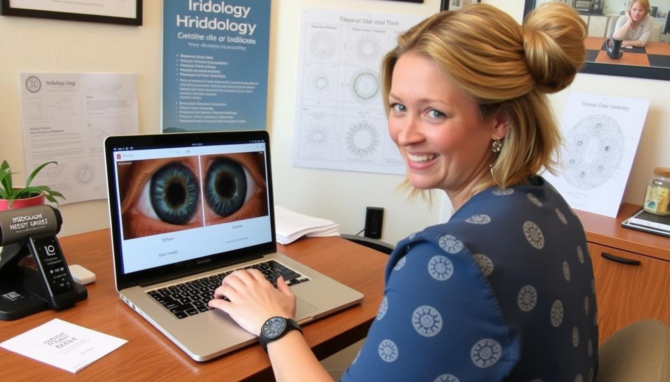 Profesional de iridología promocionando sus servicios en redes sociales