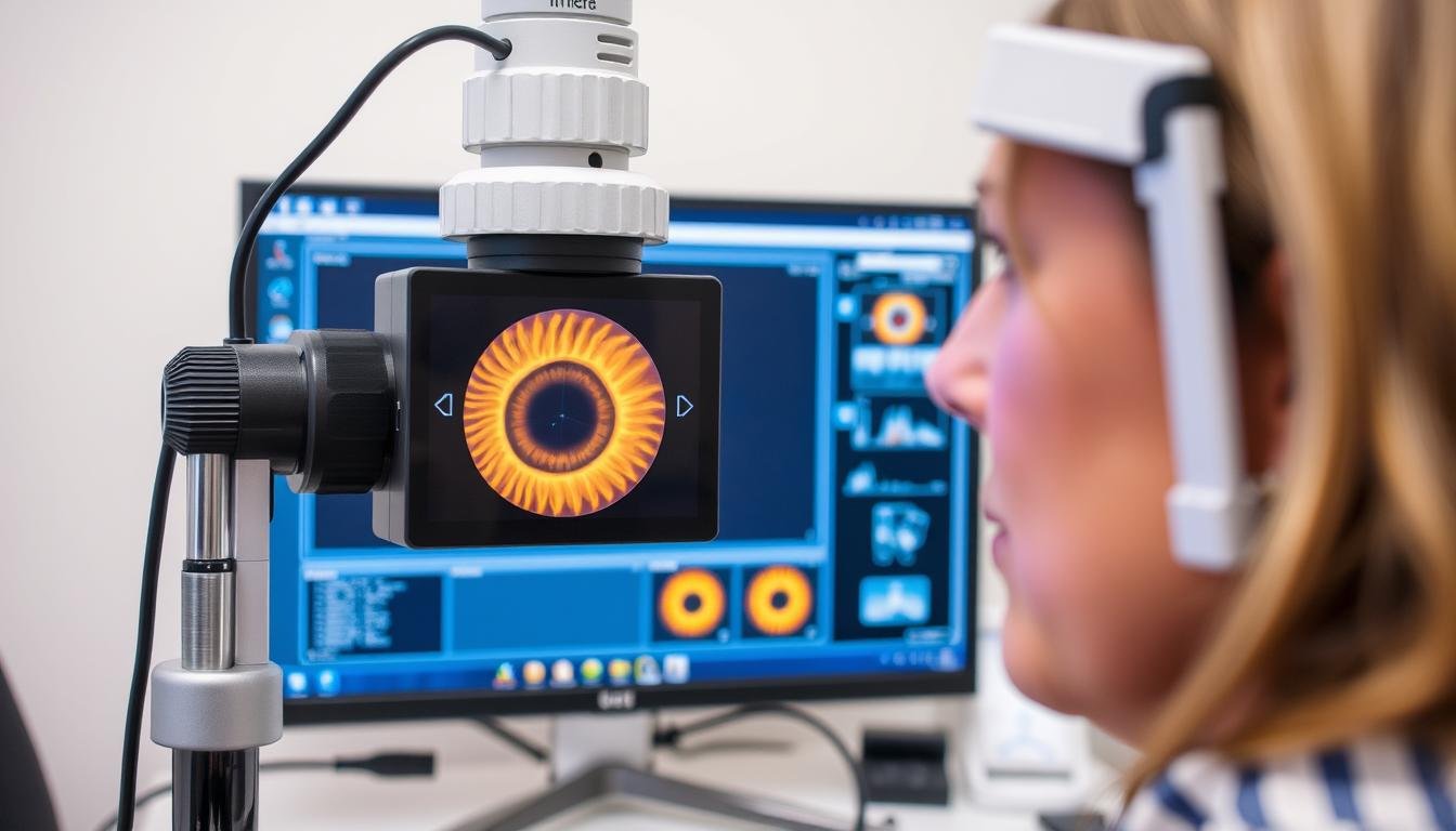 Profesional de iridología realizando un diagnóstico con equipamiento avanzado