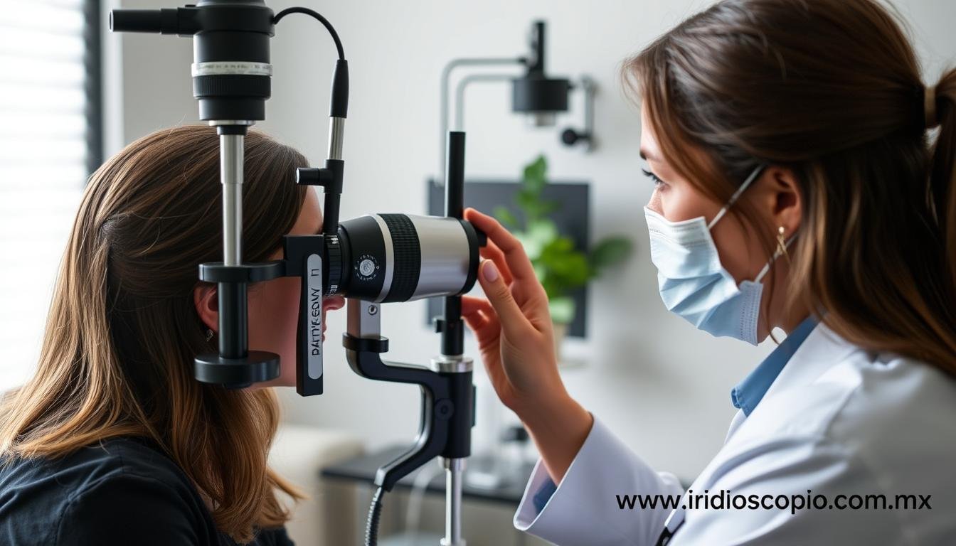 Profesional de la salud analizando el iris junto con otros métodos de evaluación holística Profesional de la salud analizando el iris junto con otros métodos de evaluación holística