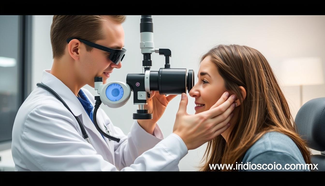 Profesional realizando diagnóstico de iridología con equipo MAIKONG Profesional realizando diagnóstico de iridología con equipo MAIKONG