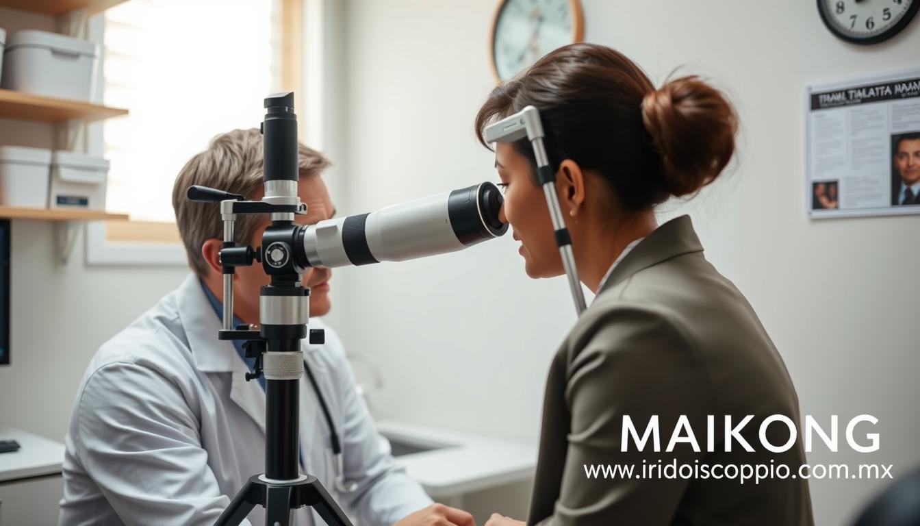 Profesional realizando diagnóstico iridológico con equipo MAIKONG Profesional realizando diagnóstico iridológico con equipo MAIKONG