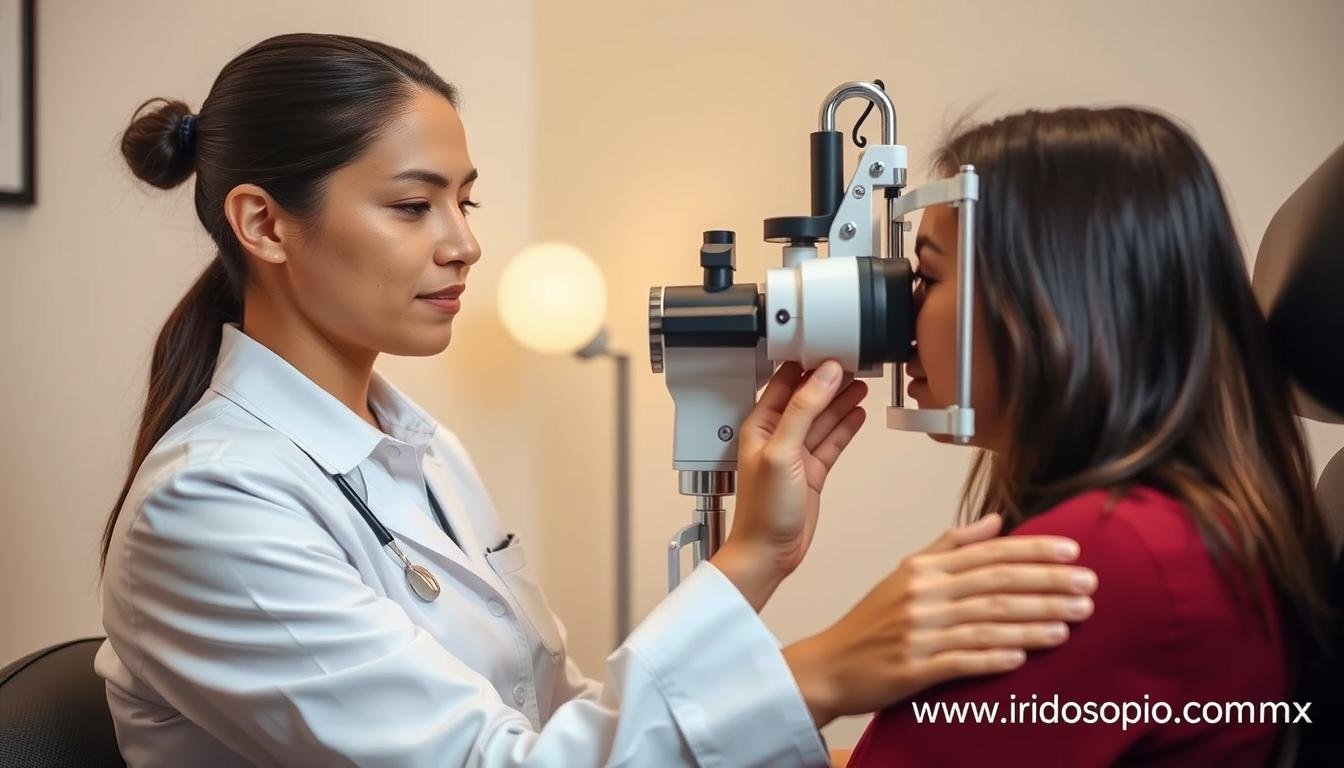 Profesional utilizando equipo MAIKONG para análisis de iridología en consulta Profesional utilizando equipo MAIKONG para análisis de iridología en consulta