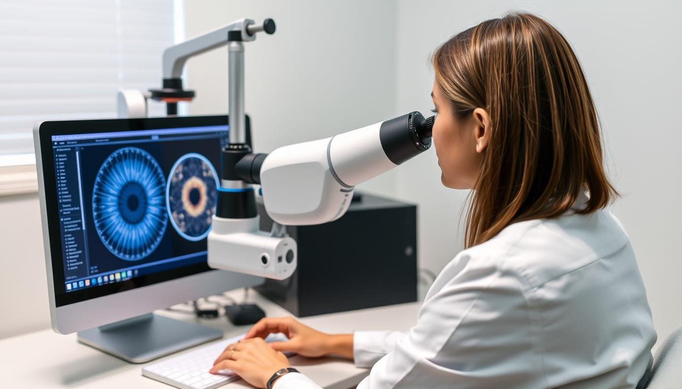 Profesional utilizando iridoscopio avanzado en una escuela de iridología
