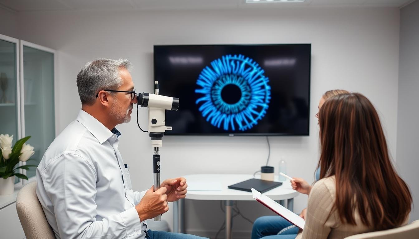 Profesor de escuela de iridología analizando un iris con estudiantes