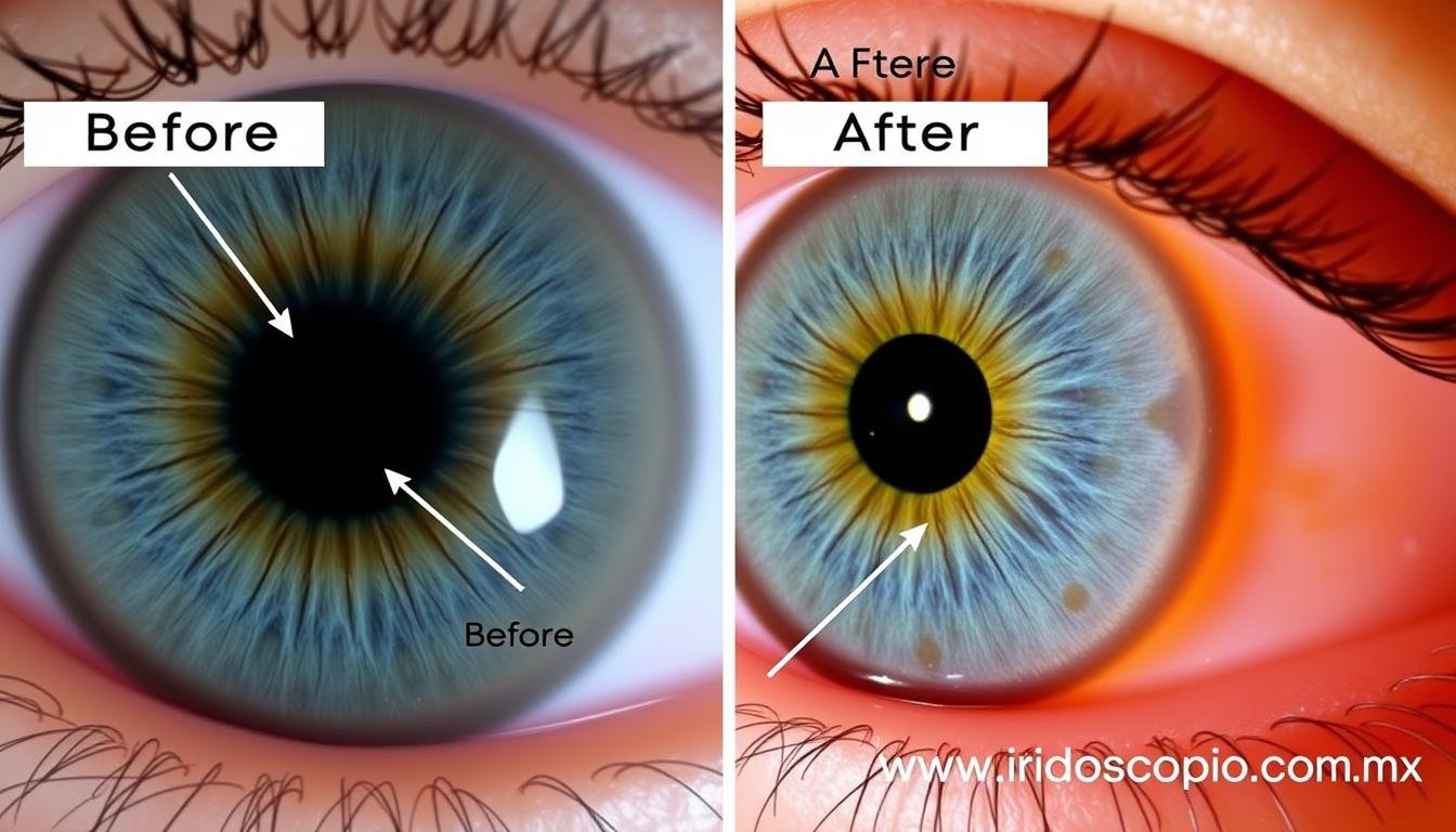 Seguimiento iridológico mostrando mejora en signos relacionados con la salud ovárica Seguimiento iridológico mostrando mejora en signos relacionados con la salud ovárica