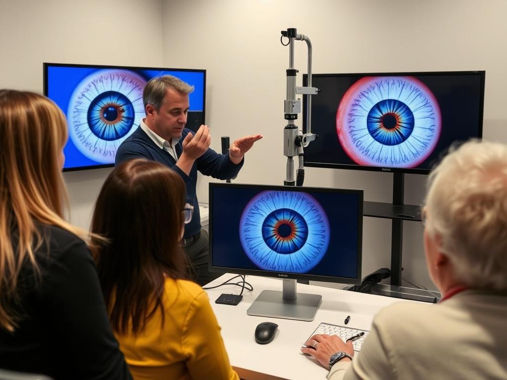 Sesión práctica de análisis de iris en escuela de iridología con tecnología avanzada