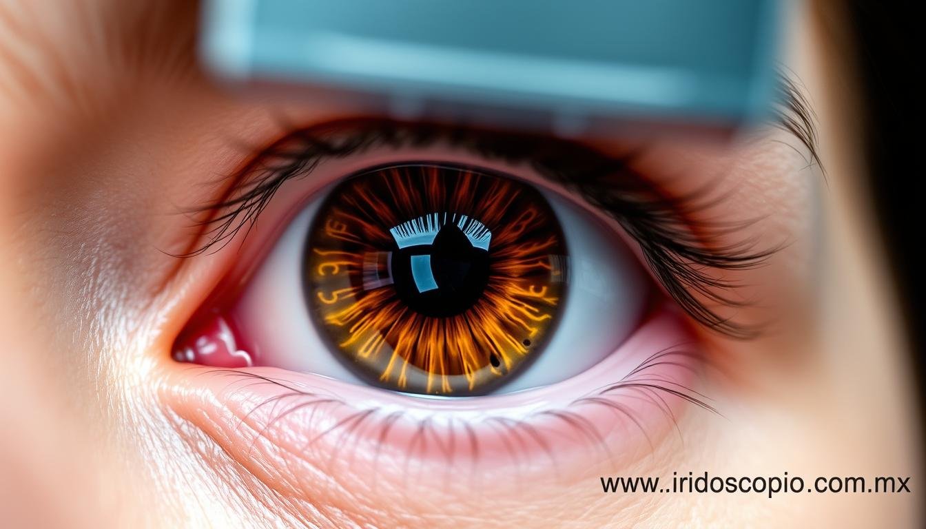 Análisis de iridologia mostrando patrones en el iris para evaluación de salud