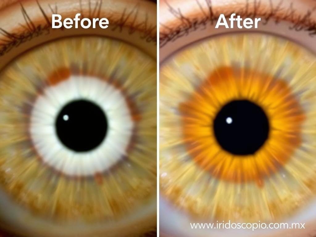 Caso clínico de anillo de asimilacion abultado en iridologia antes y después del tratamiento