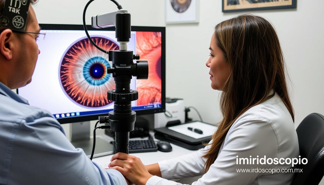 Consulta de iridología analizando el estroma del iris de un paciente