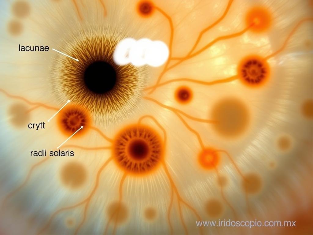 Diferentes tipos de manchas y marcas en el iris según el mapa de iridología Diferentes tipos de manchas y marcas en el iris según el mapa de iridología