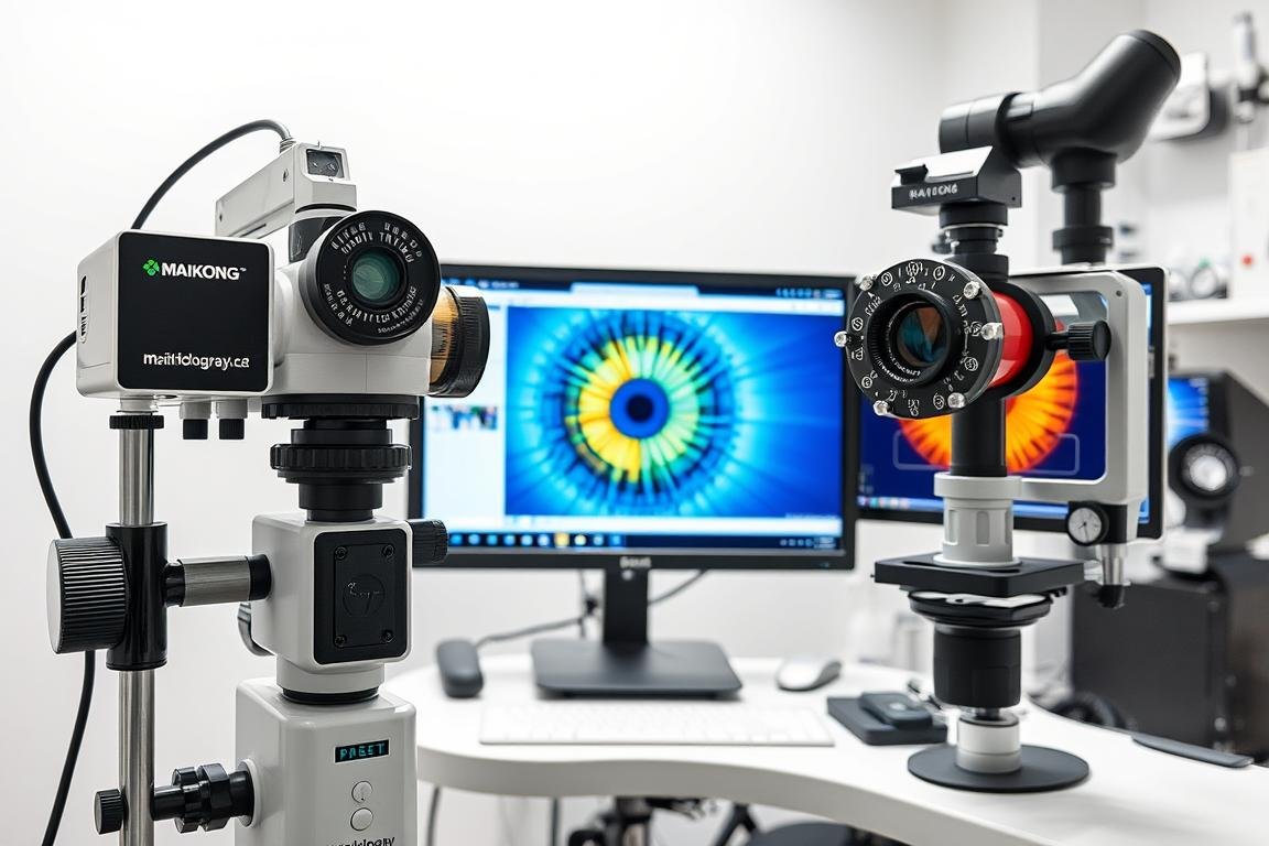 Equipo completo de iriologo MAIKONG mostrando cámaras y software Equipo completo de iriologo MAIKONG mostrando cámaras y software