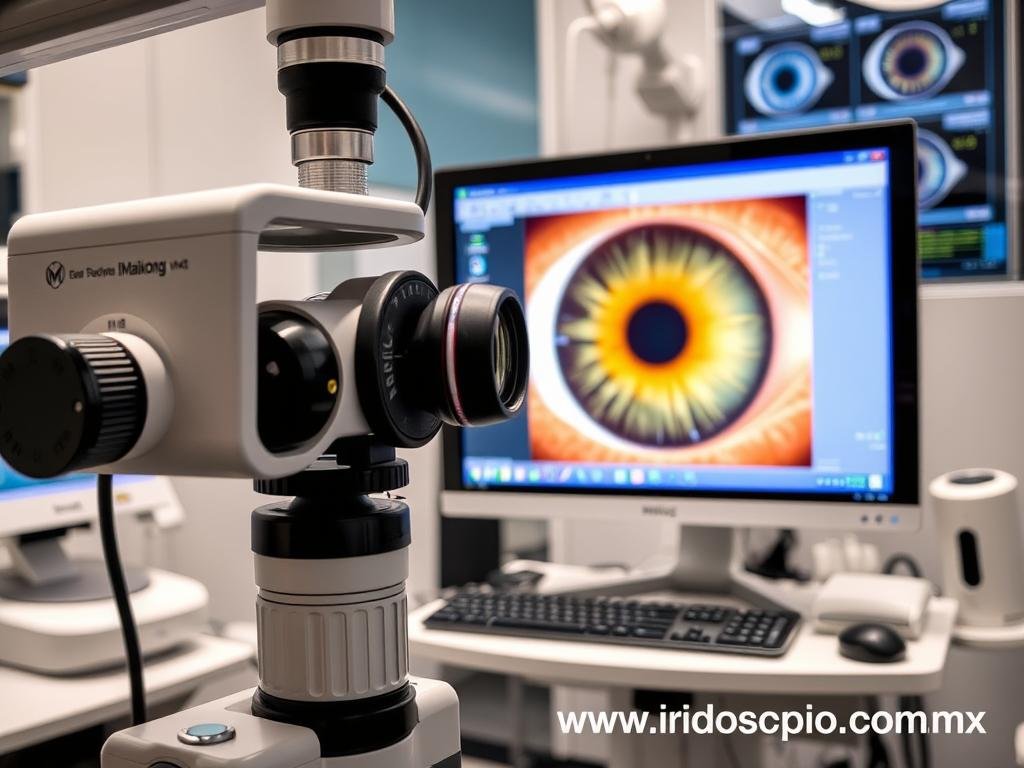 Equipo de iridología computarizada MAIKONG analizando un iris