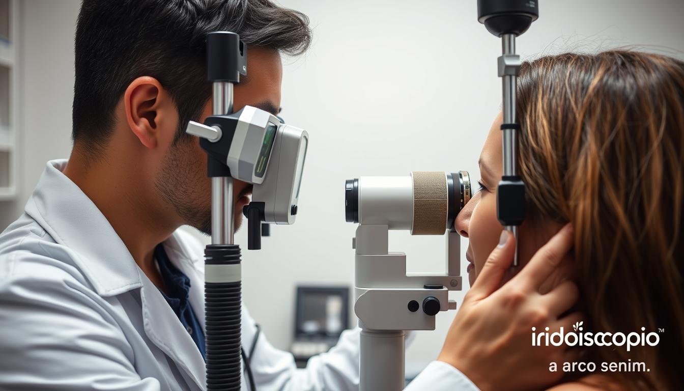 Especialista utilizando equipo de iridología para examinar Arco Senil Especialista utilizando equipo de iridología para examinar Arco Senil