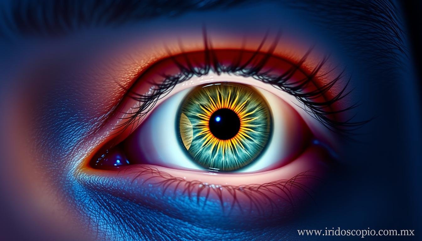 Imagen de un ojo humano con referencias bíblicas sobre la iridología