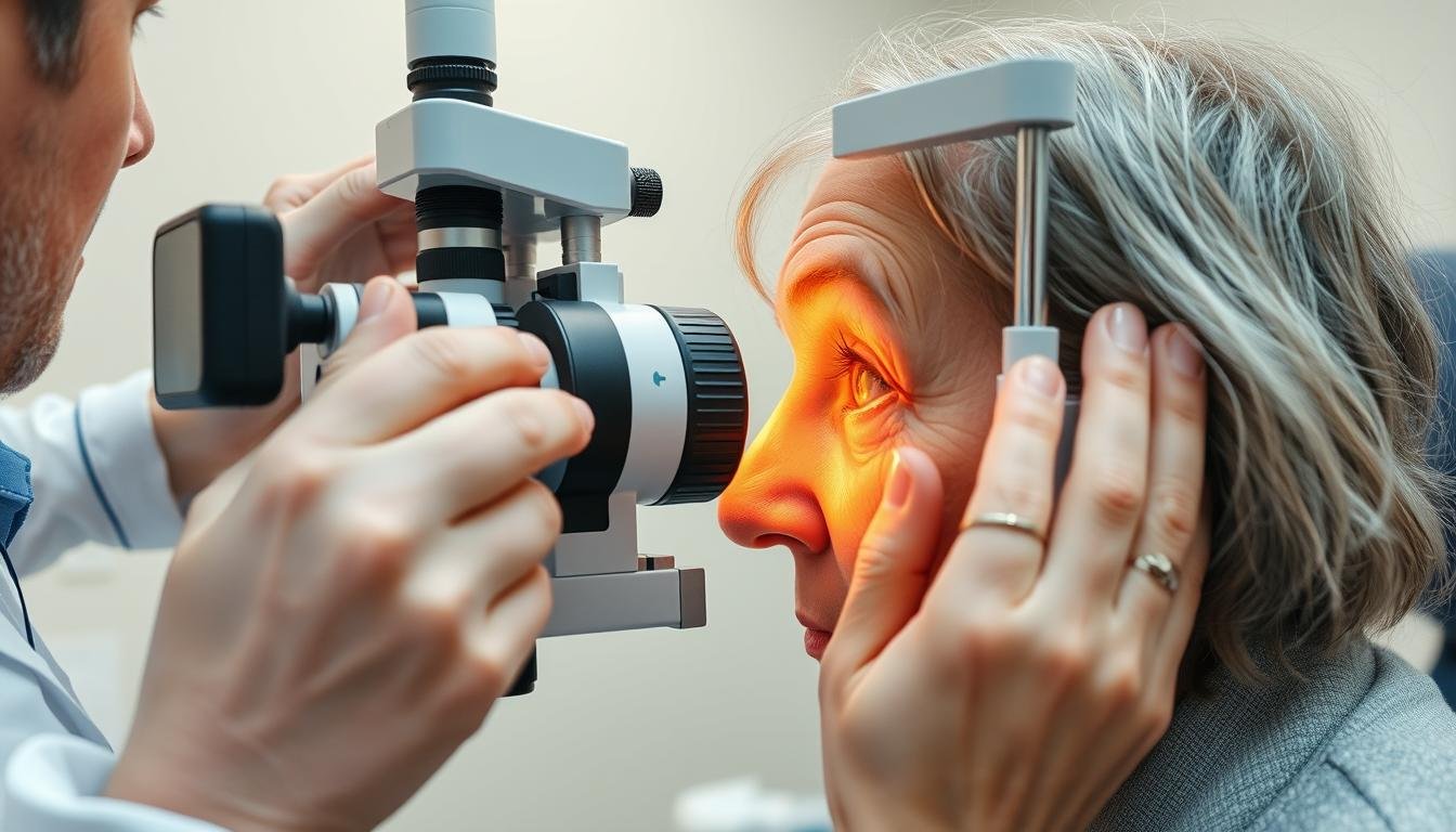 Iridólogo analizando el Arco Senil con equipo especializado Iridólogo analizando el Arco Senil con equipo especializado