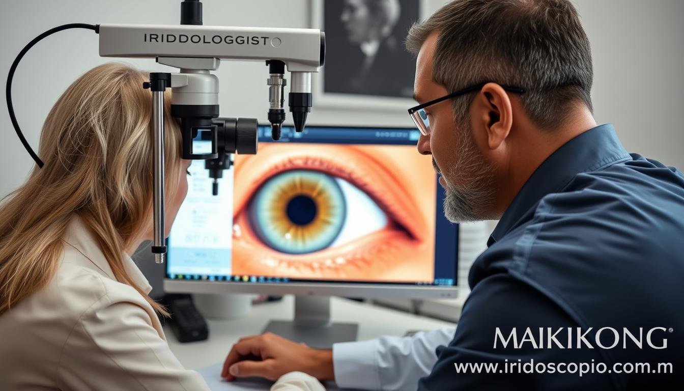 Iridólogo examinando el iris de un paciente con una cámara de iridología MAIKONG