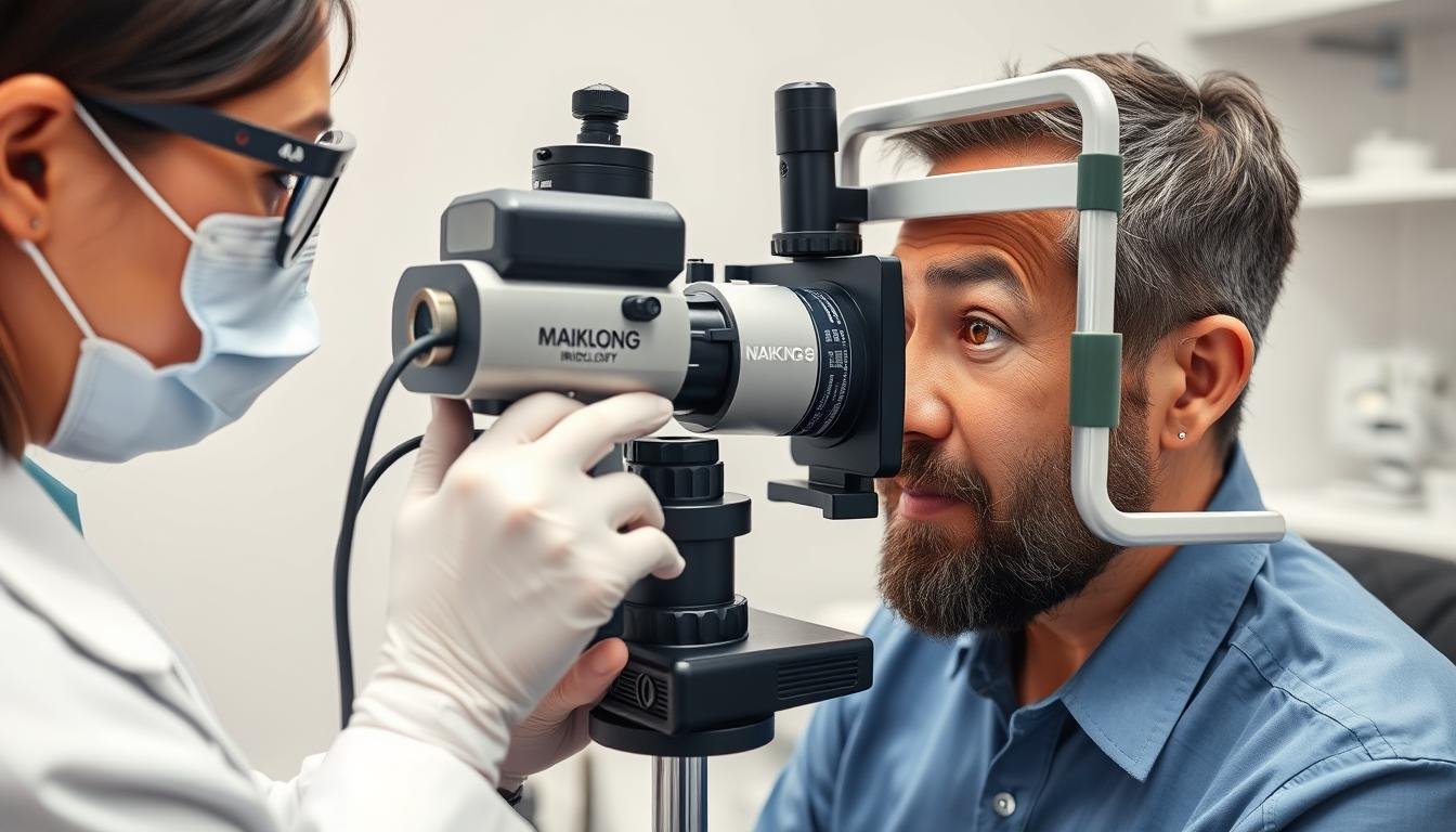 Iridólogo profesional realizando un análisis del iris con equipo MAIKONG