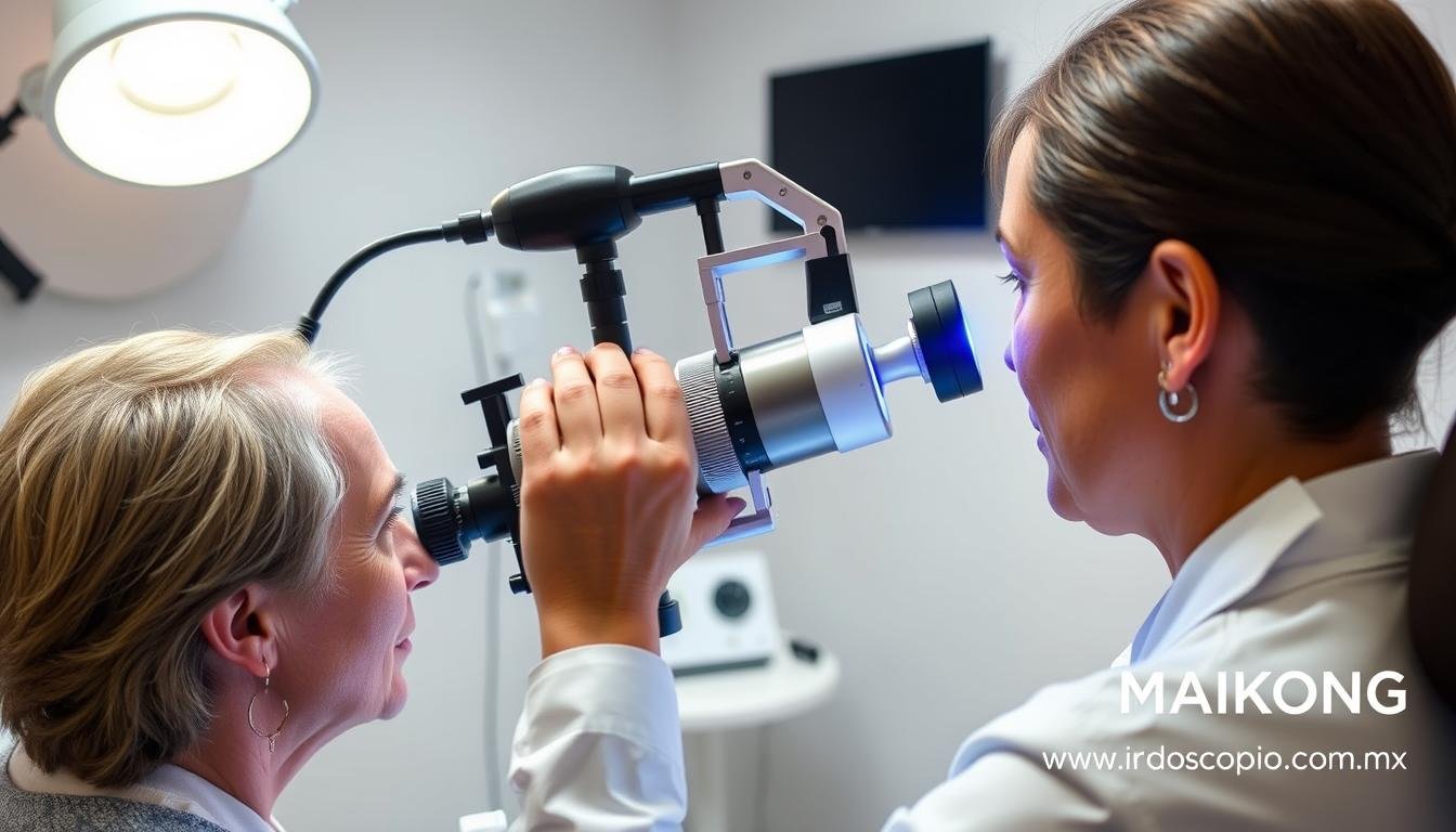 Iridólogo profesional utilizando equipo MAIKONG para evaluar arco senil Iridólogo profesional utilizando equipo MAIKONG para evaluar arco senil