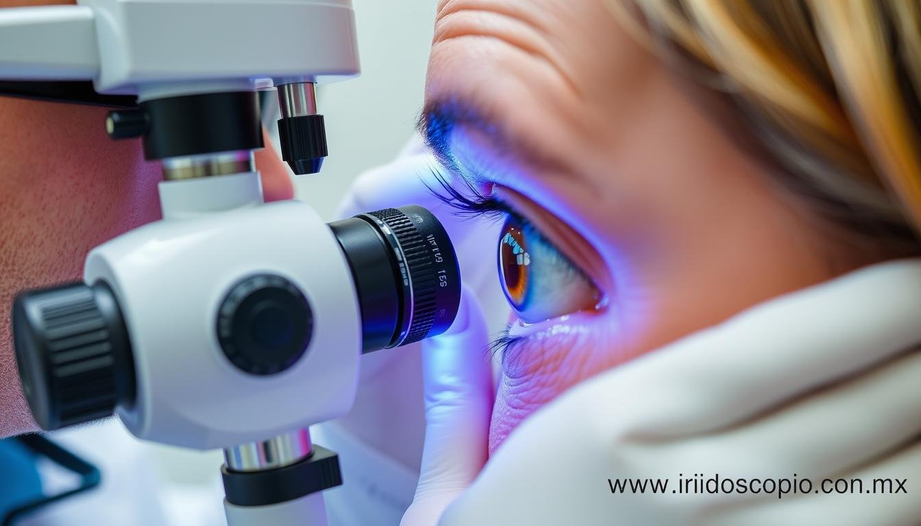 Iriologo analizando el iris de un paciente con equipo MAIKONG