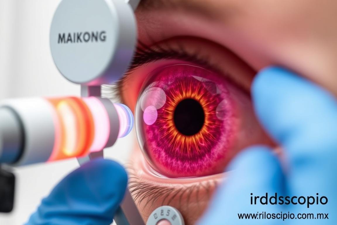 Iriólogo analizando signos de problemas digestivos en el iris de un paciente Iriólogo analizando signos de problemas digestivos en el iris de un paciente