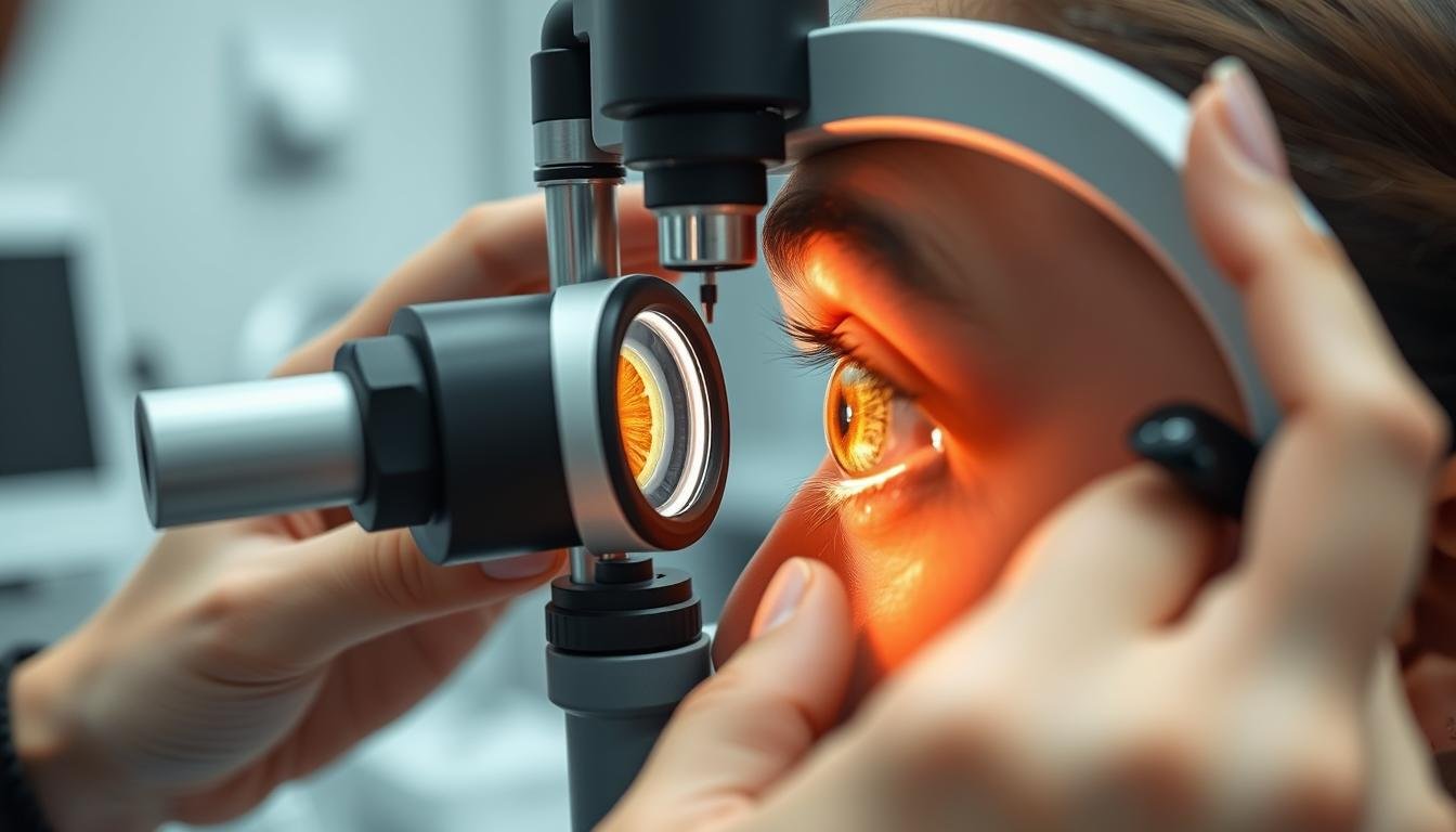 Iriólogo examinando el iris de un paciente con equipo especializado