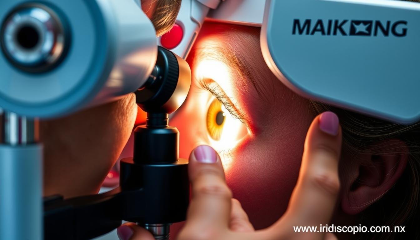 Iriologo examinando el iris de un paciente con equipo profesional