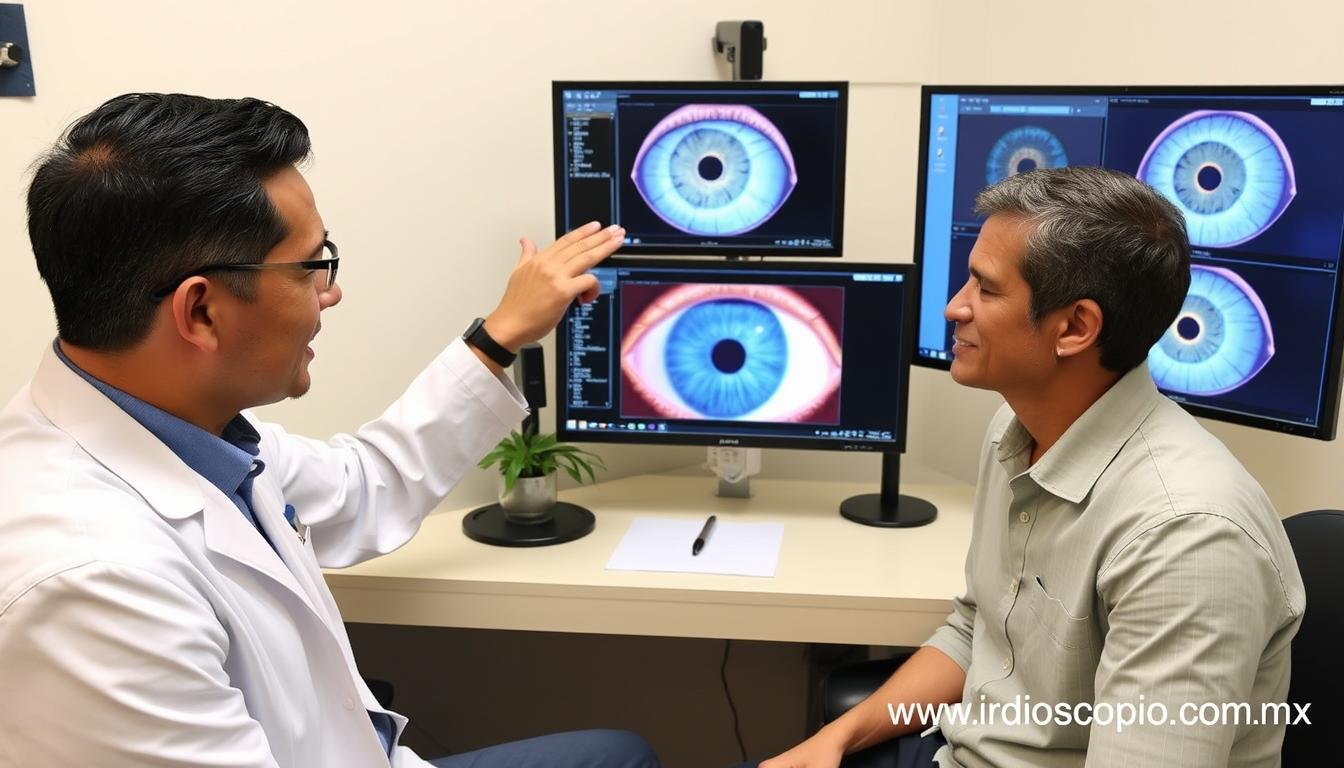 Iriologo explicando los resultados del análisis a un paciente Iriologo explicando los resultados del análisis a un paciente