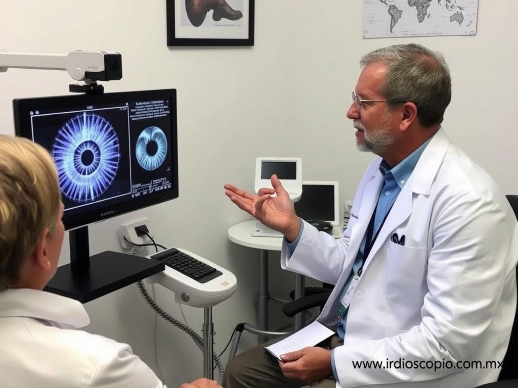 Iriólogo explicando resultados del análisis del iris a un paciente Iriólogo explicando resultados del análisis del iris a un paciente