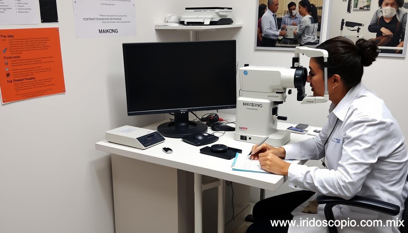 Iriologo profesional siguiendo protocolo estandarizado de análisis con equipo MAIKONG