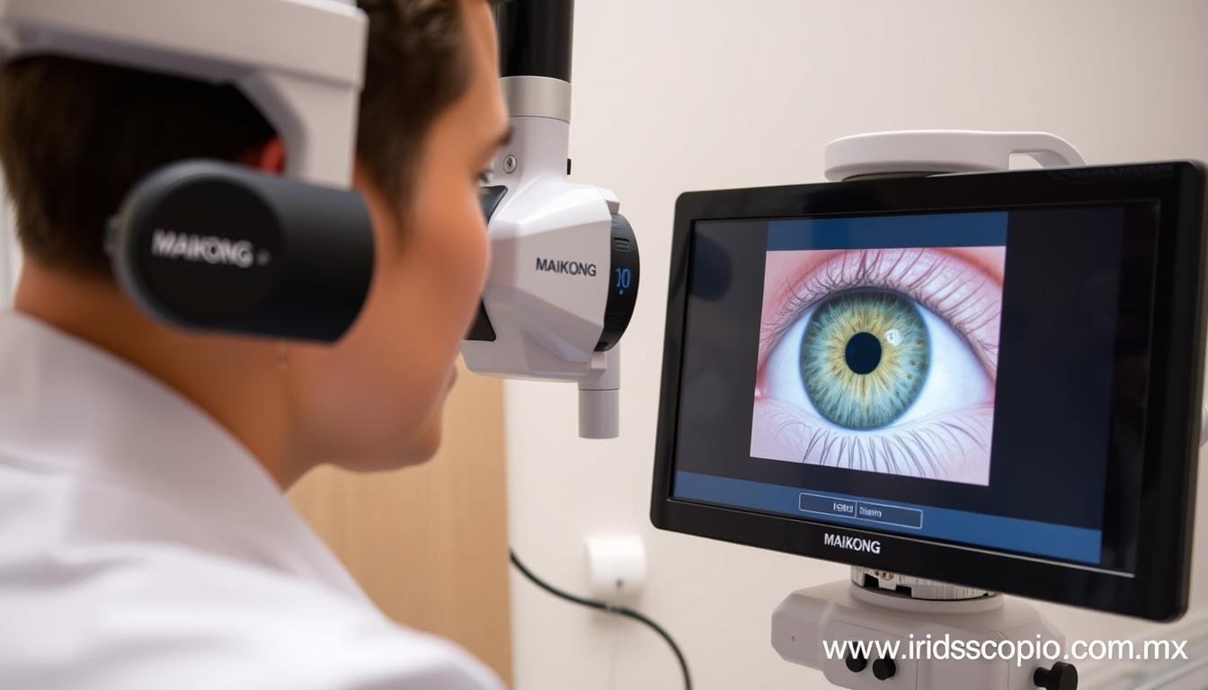 Iriologo profesional utilizando equipo MAIKONG para análisis detallado del iris