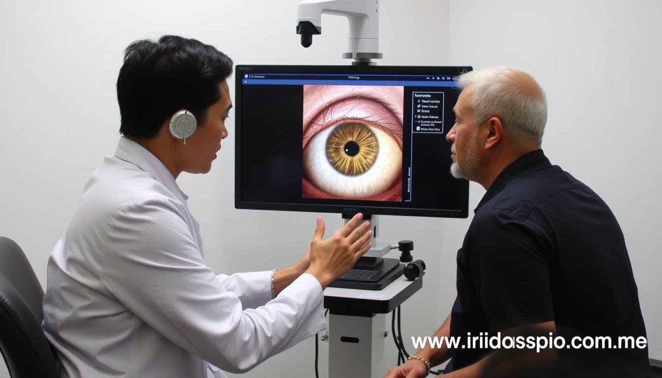 Iriologo profesional utilizando sistema avanzado MAIKONG con paciente