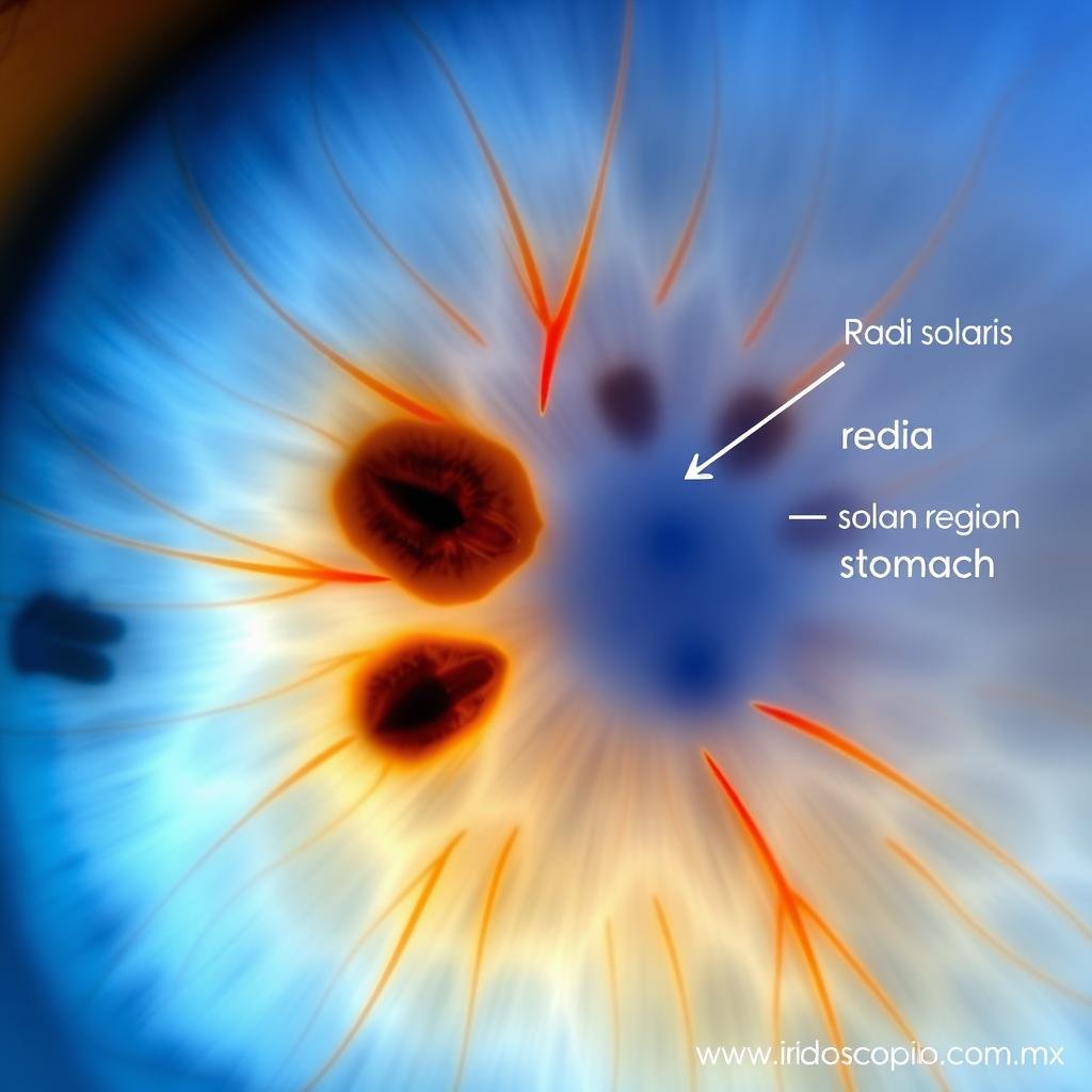 Iris azul con marcas en la zona digestiva según el mapa de iridología Iris azul con marcas en la zona digestiva según el mapa de iridología