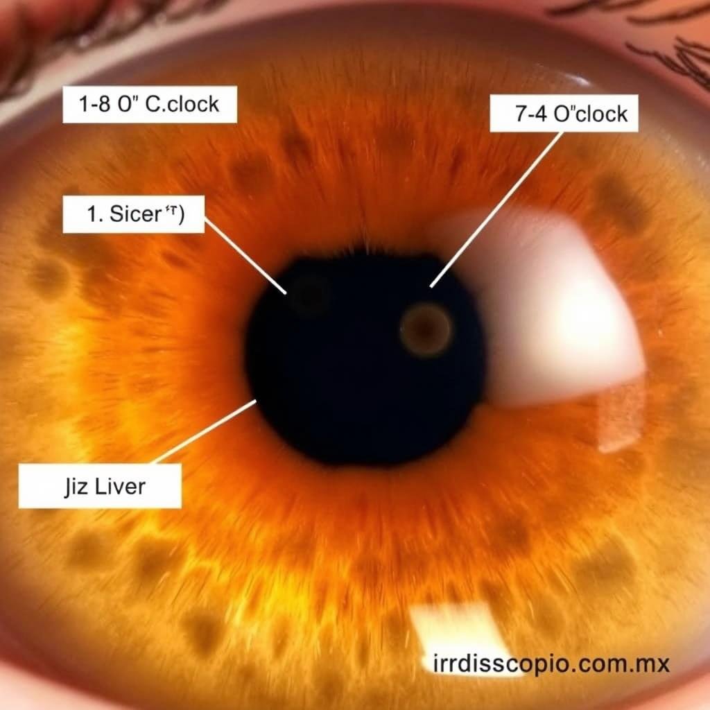 Iris marrón con manchas pigmentarias en la zona hepática Iris marrón con manchas pigmentarias en la zona hepática