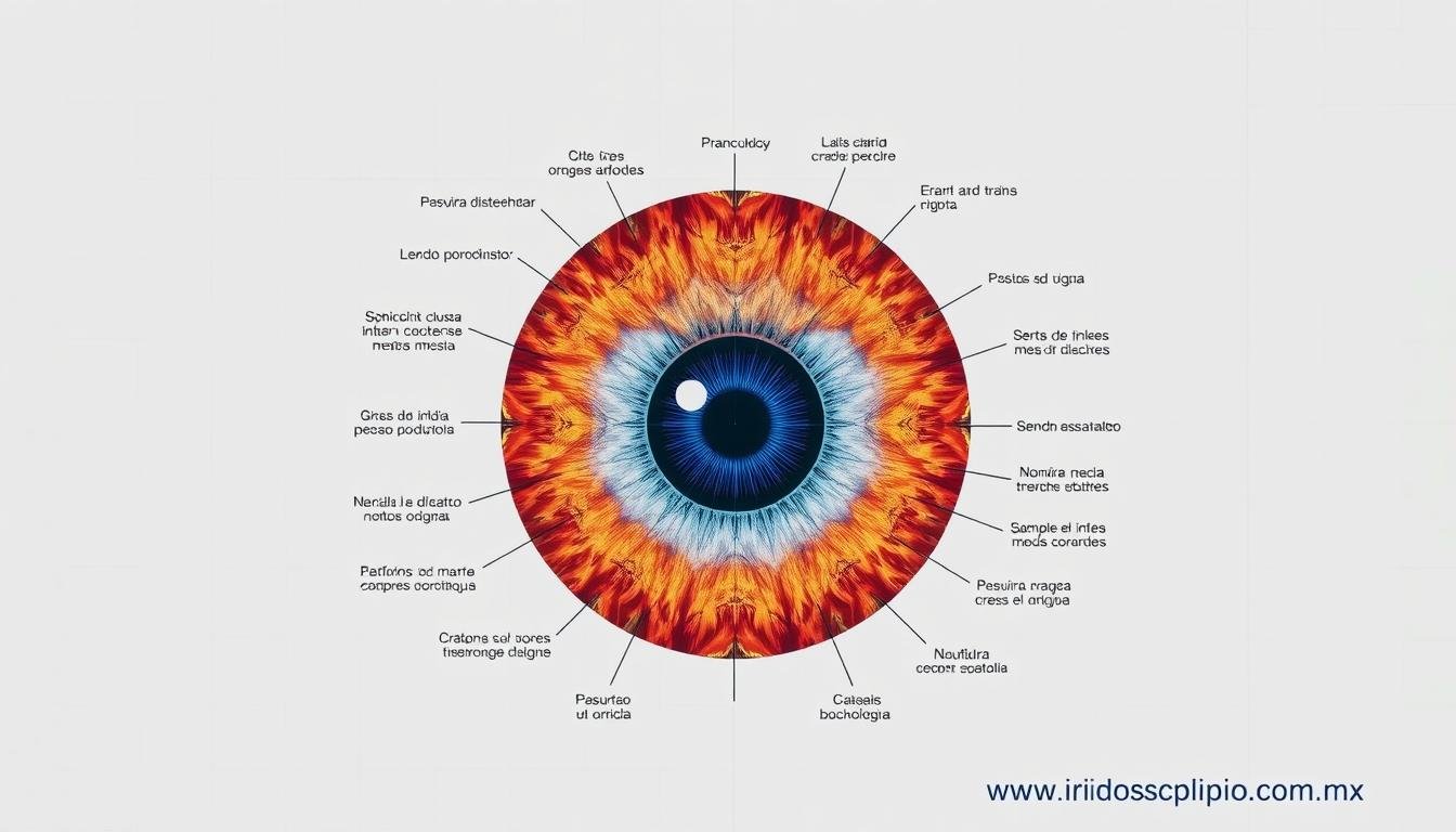 Mapa de iridología con zonas marcadas correspondientes a diferentes órganos del cuerpo