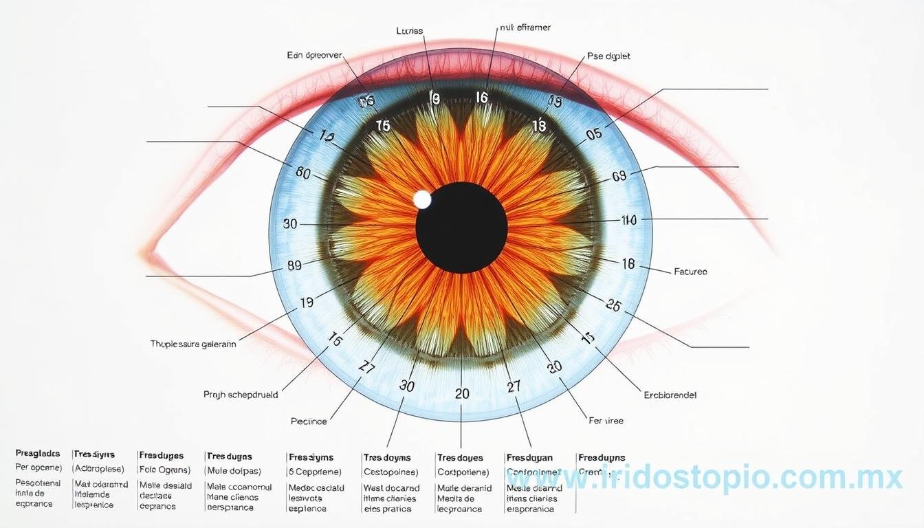 Mapa de iridología con zonas numeradas correspondientes a diferentes sistemas del cuerpo Mapa de iridología con zonas numeradas correspondientes a diferentes sistemas del cuerpo