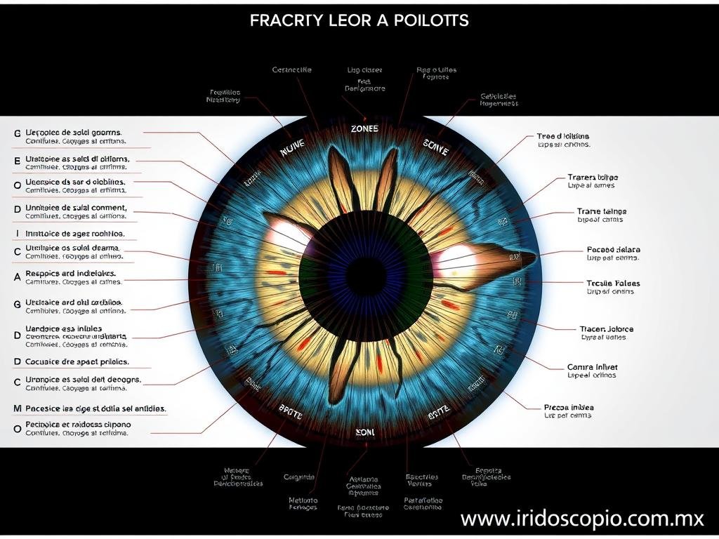 Mapa de iridología mostrando las diferentes zonas del iris y su relación con órganos del cuerpo
