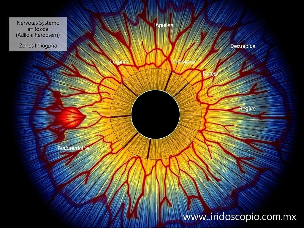 Mapa iridológico detallado mostrando las zonas correspondientes al sistema nervioso Mapa iridológico detallado mostrando las zonas correspondientes al sistema nervioso
