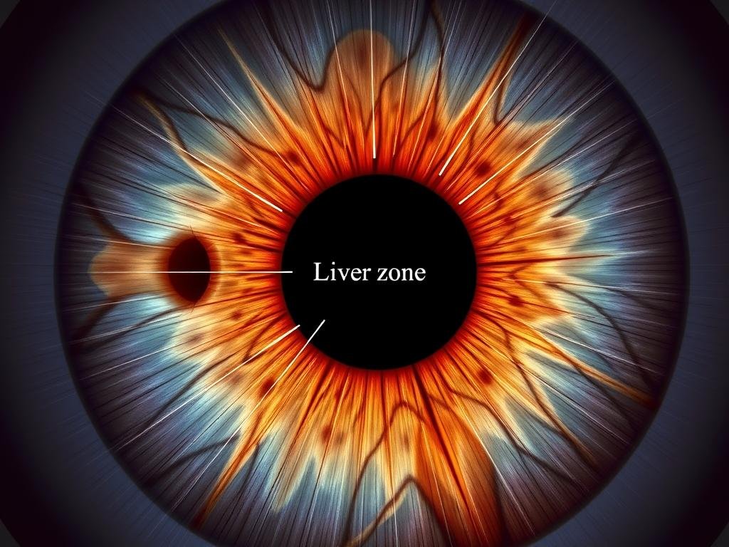 Mapa iridológico mostrando la zona del hígado en el iris