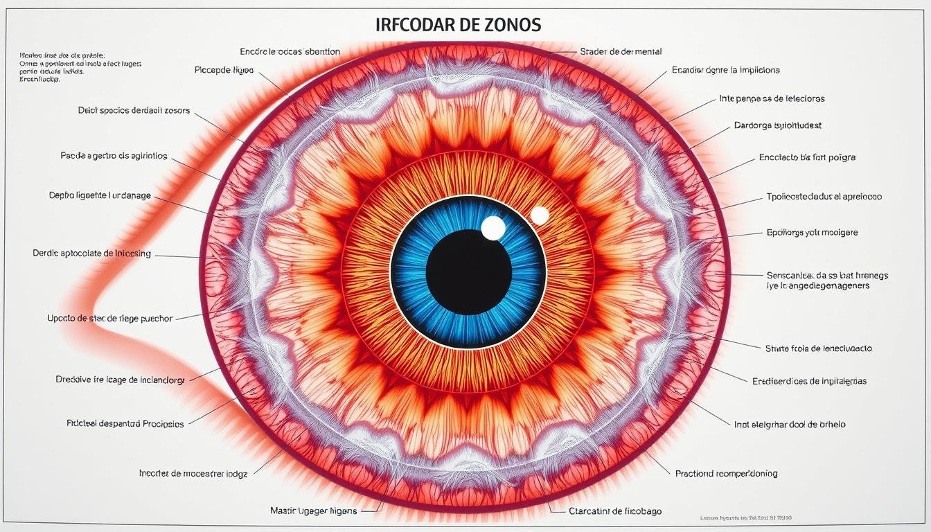 Mapa iridológico mostrando las diferentes zonas del iris relacionadas con órganos del cuerpo