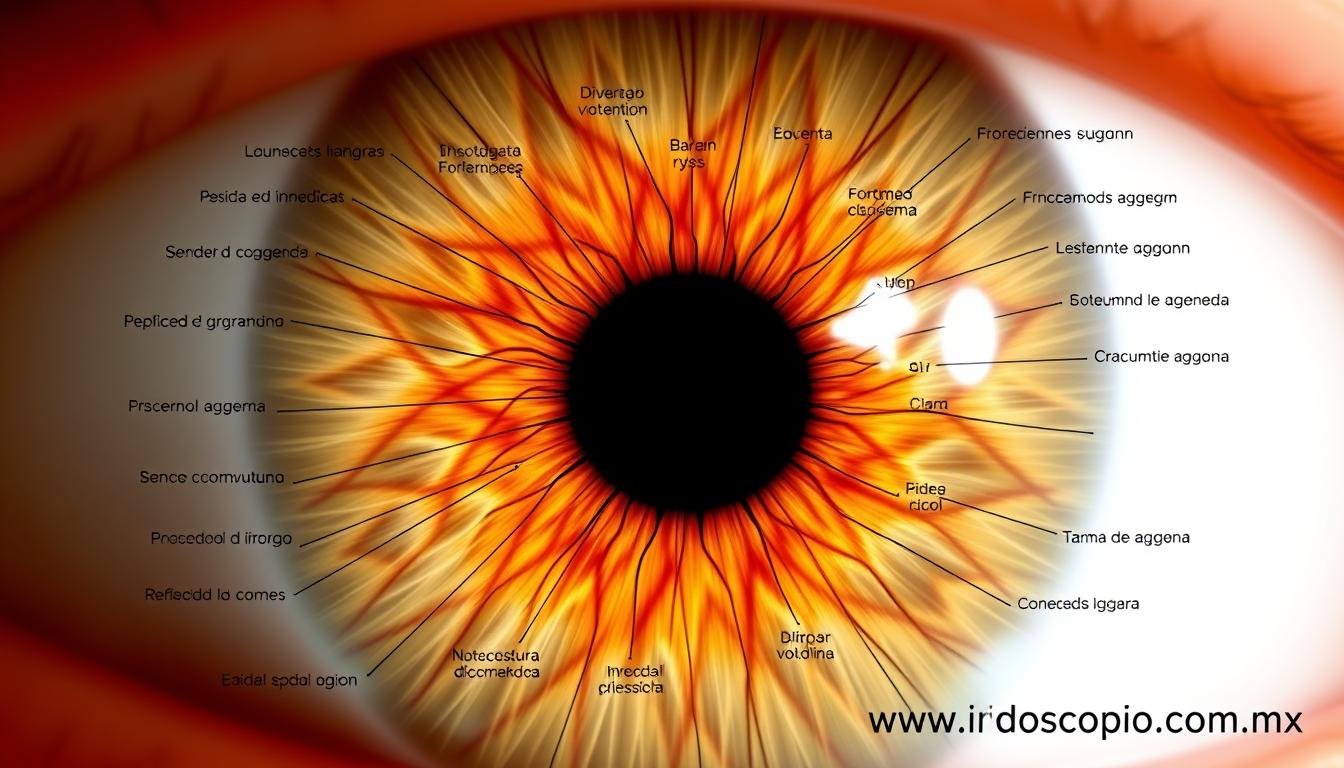 Mapa iridológico mostrando las diferentes zonas del iris y su correspondencia con órganos del cuerpo