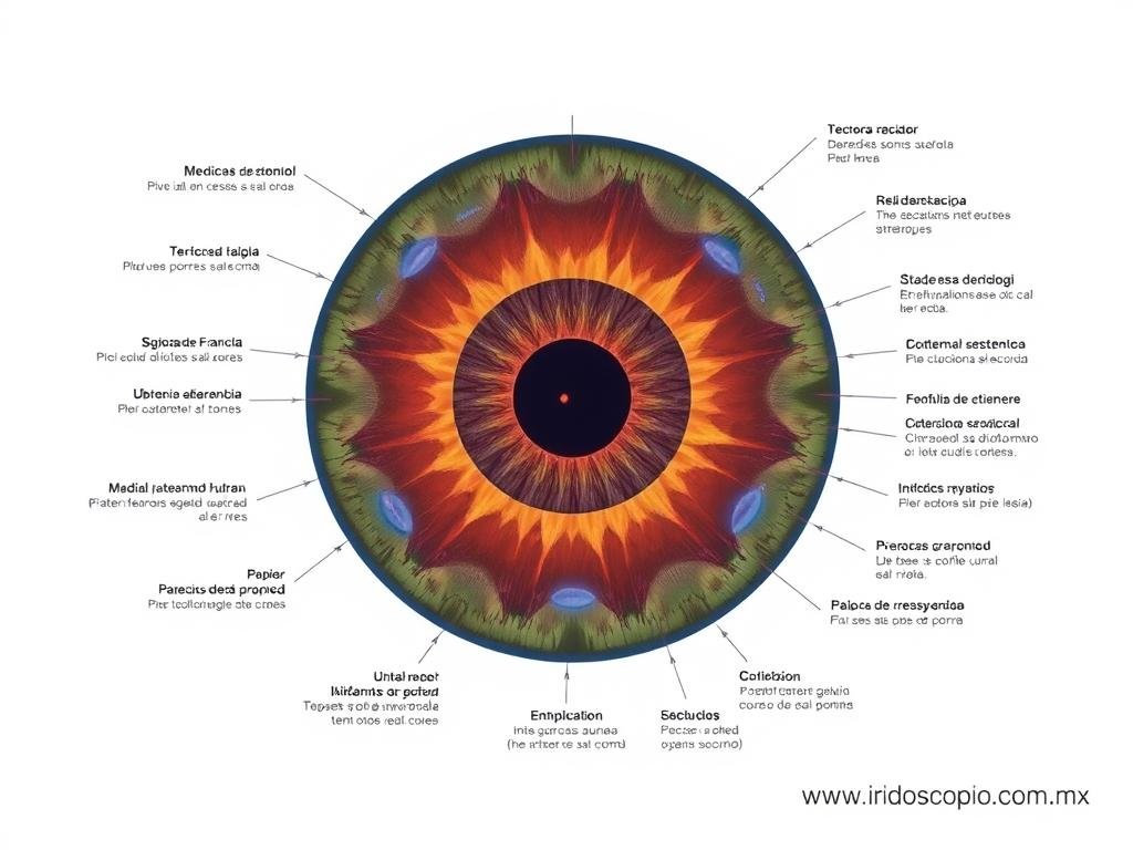 Mapa iridológico mostrando las diferentes zonas del iris