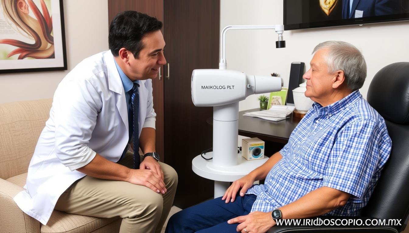 Paciente recibiendo consulta de un iriologo profesional Paciente recibiendo consulta de un iriologo profesional