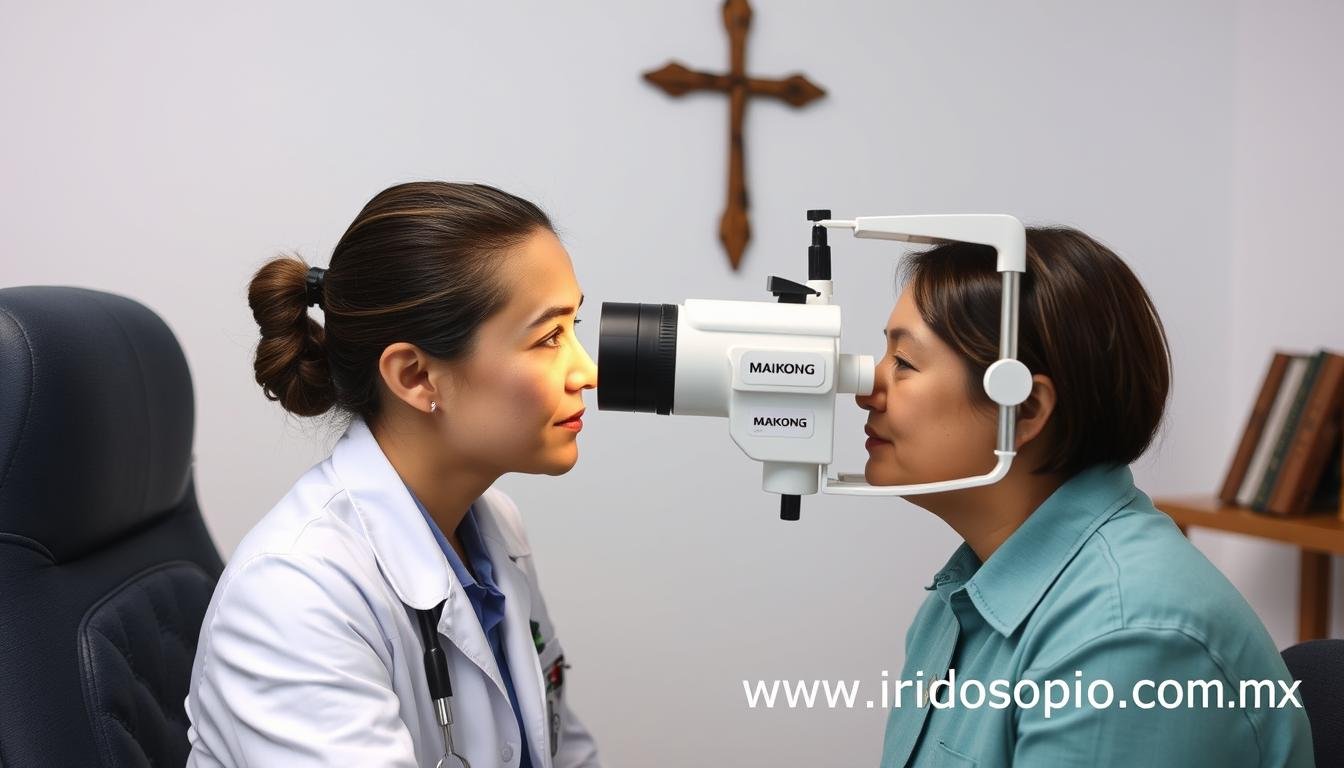 Persona examinando un ojo con equipo de iridología en un contexto cristiano