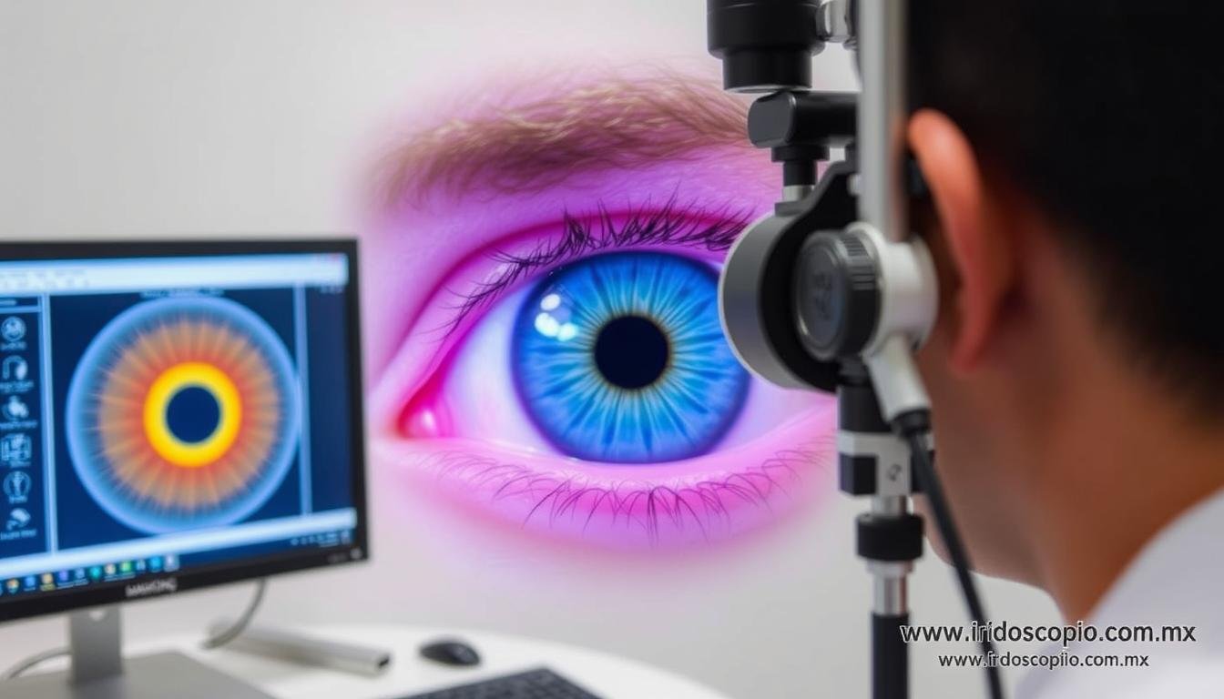 Profesional analizando el anillo de absorción iridología con equipo MAIKONG