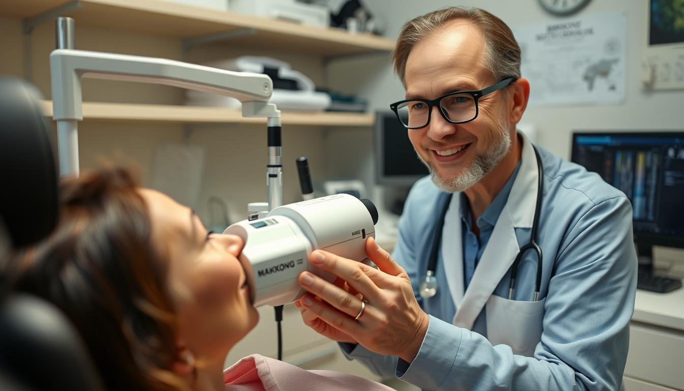 Profesional de iridología satisfecho con equipo MAIKONG