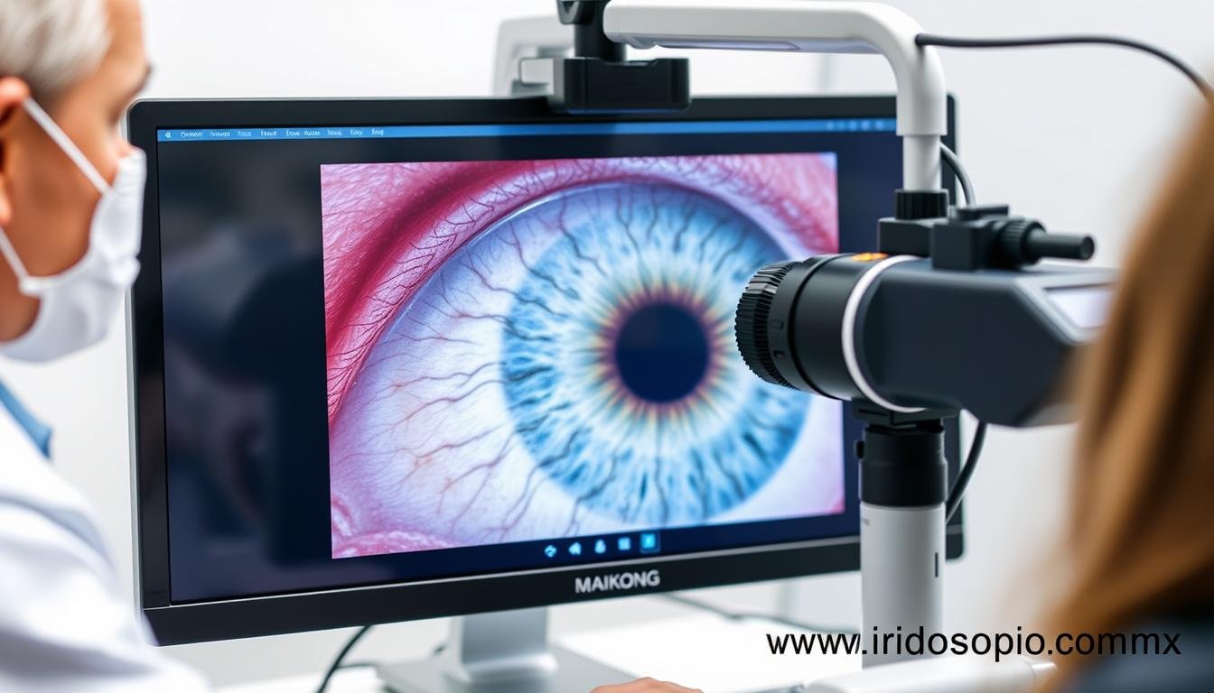 Profesional de la salud analizando un iris con una cámara de iridología MAIKONG